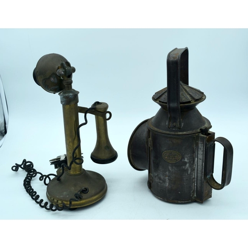 2701 - A vintage Collins Railway signal Lamp 1917 together with a vintage brass telephone 32cm (2)