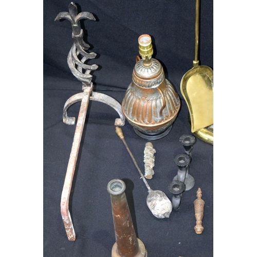 2704 - collection of metal items , hose ends, lamp stands, fire irons/dogs, sword  etc .(Qty)