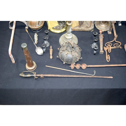 2704 - collection of metal items , hose ends, lamp stands, fire irons/dogs, sword  etc .(Qty)