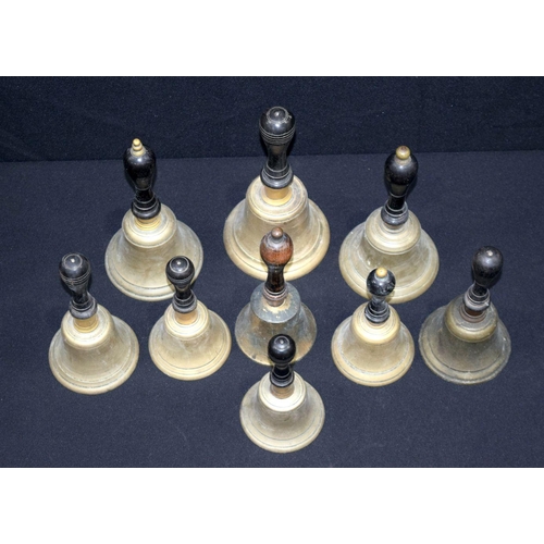 2705 - Collection of vintage wooden handled brass  hand bells largest 14 x 27cm (9)