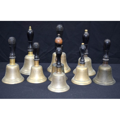 2705 - Collection of vintage wooden handled brass  hand bells largest 14 x 27cm (9)