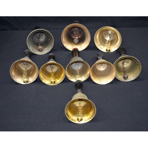 2705 - Collection of vintage wooden handled brass  hand bells largest 14 x 27cm (9)