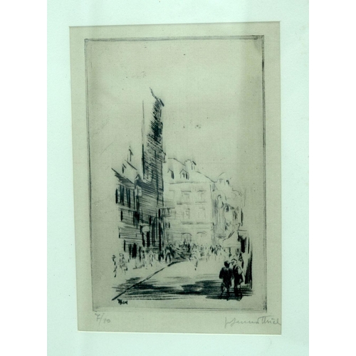 2727 - A framed Lithograph of a street scene and another unframed print of an Arab man 27 x20cm (2)