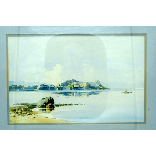 2729 - A framed watercolour of a Mediterranean coastal scene  26 x 41cm.