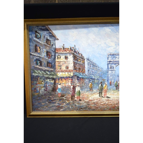 2749 - A large framed oil on canvas by Burnett of a town square. 60 x 120cm.