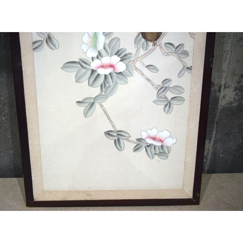 2751 - A framed Chinese watercolour on parchment of birds in a fruit tree 80 x 35cm.