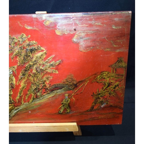 2752 - A Chinese lacquered wooden panel depicting people in a rural  pursuits 41 x 76cm..