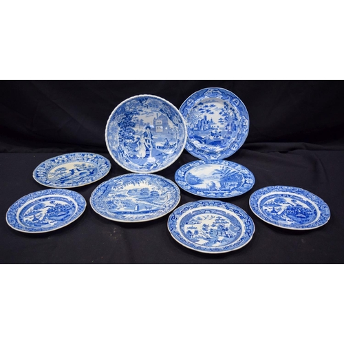 2754 - An 18th Century bowl depicting European scenes together with blue and white plates spode etc   26 x ... 