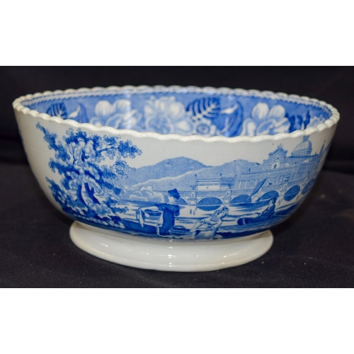 2754 - An 18th Century bowl depicting European scenes together with blue and white plates spode etc   26 x ... 