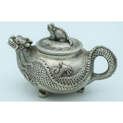 2759 - A Chinese white metal dragon Tea pot 17 x 9cm (2).