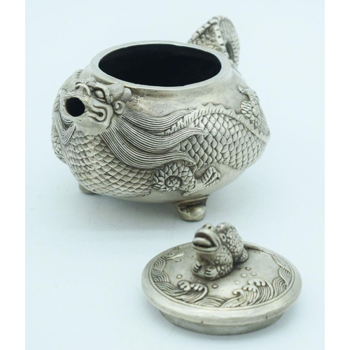 2759 - A Chinese white metal dragon Tea pot 17 x 9cm (2).