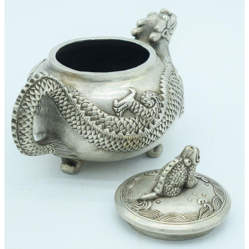 2759 - A Chinese white metal dragon Tea pot 17 x 9cm (2).