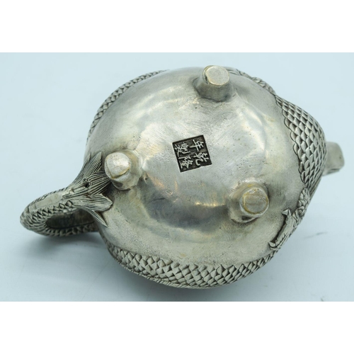 2759 - A Chinese white metal dragon Tea pot 17 x 9cm (2).