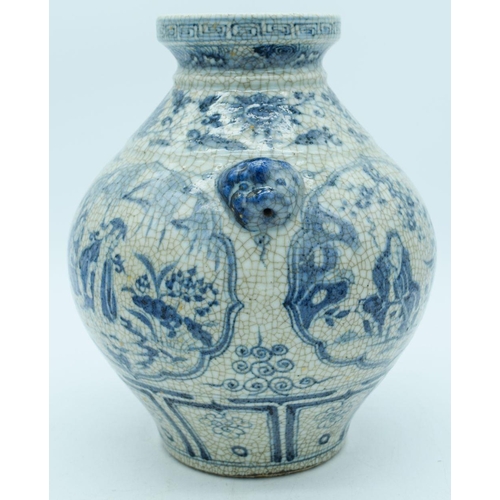 2785 - A Chinese Crackle glaze vase with lions head handles decorated with figures and foliage 27cm