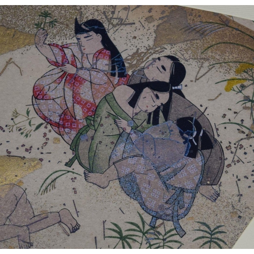 2811 - An early 20th Century Japanese Meiji period wood block print with painted and gilded motifs 44 x 27c... 