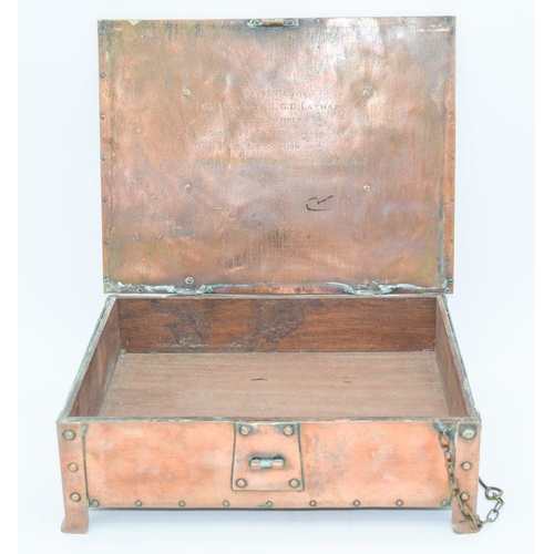 2826 - An Australian hand crafted  copper engraved box, dated 1911 presented to Rev Henry Latham  22 x 9 cm