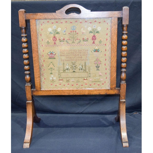 2827 - A Sampler fitted into a fire screen  possibly Edwardian 39 x 39 cm.