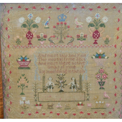 2827 - A Sampler fitted into a fire screen  possibly Edwardian 39 x 39 cm.