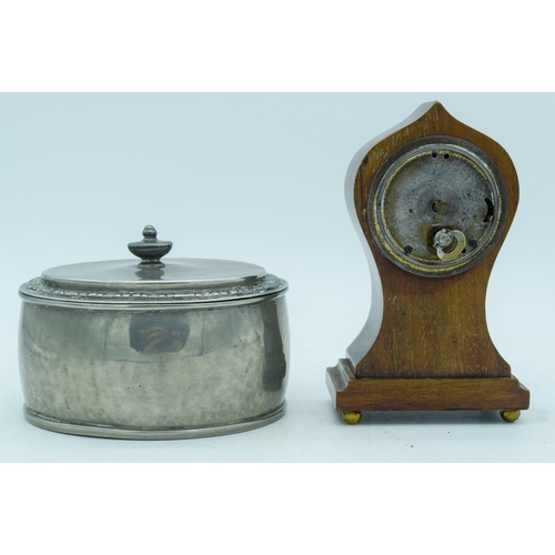 2828 - A Liberty & Co pewter lidded box together with a small mantle clock 14 x 7cm (2).