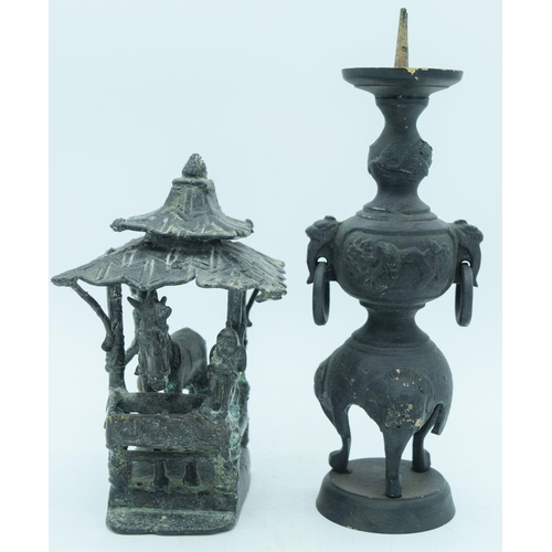 2842 - A Chinese bronze Horse statue together with a Chinese metal candle holder 26cm (2)