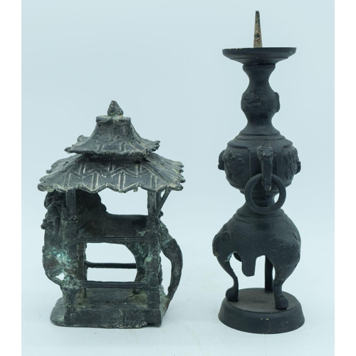 2842 - A Chinese bronze Horse statue together with a Chinese metal candle holder 26cm (2)