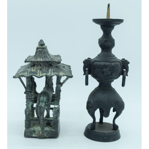 2842 - A Chinese bronze Horse statue together with a Chinese metal candle holder 26cm (2)