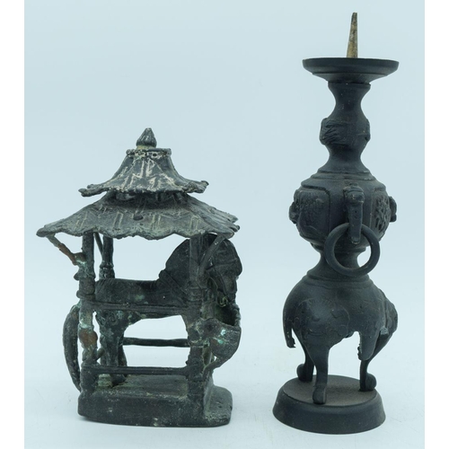 2842 - A Chinese bronze Horse statue together with a Chinese metal candle holder 26cm (2)