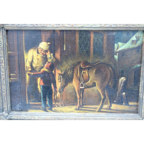 2848 - A small  framed 19th century Dutch school oil on board depicting a child with a horse in a street sc... 