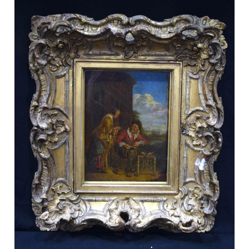 2849 - A framed 19th Century Dutch school oil on board of a tradesman and a female 22 x 16cm.