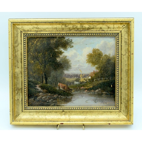 2850 - A framed 19th century Continental school Oil on board depicting a rural scene with cows grazing at a... 