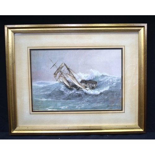 2851 - A framed print of a boat in rough seas by John Clancellor 38 x 26cm.