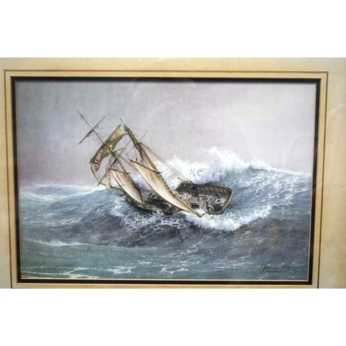 2851 - A framed print of a boat in rough seas by John Clancellor 38 x 26cm.