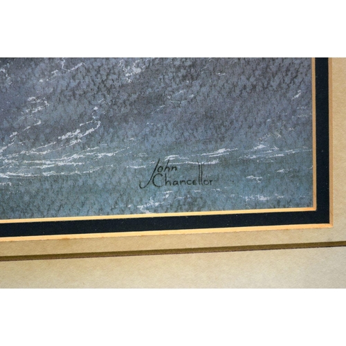 2851 - A framed print of a boat in rough seas by John Clancellor 38 x 26cm.