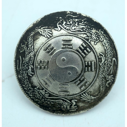 2897 - A collection of white metal Chinese buttons and another decorative Tibetan piece 9cm (4)