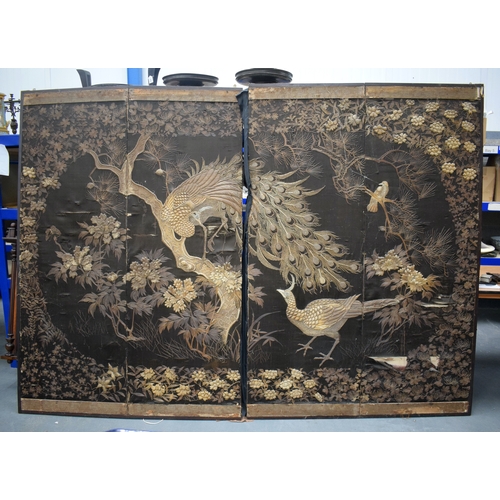 1601 - A LARGE 19TH CENTURY JAPANESE MEIJI PERIOD EMBROIDERED DOUBLE SCREEN decorated with birds and landsc... 