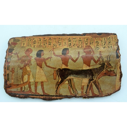 2920 - A small Egyptian terracotta painted plaque together with an American Quill decorated box 14 x 18 cm