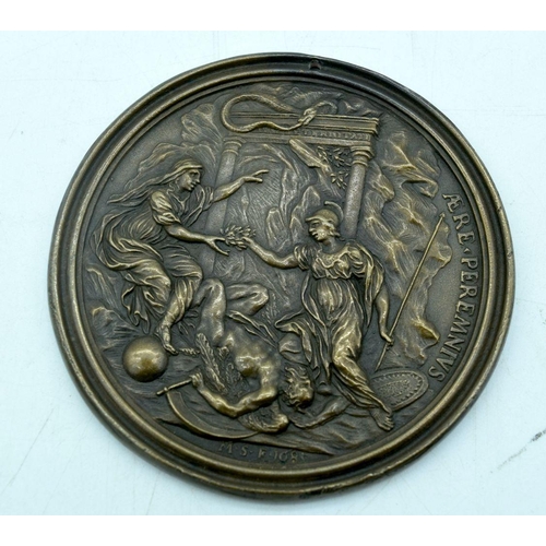 2928 - A large religious bronze plaque together with a another and a Peruvian yellow metal broach 10cm (3)