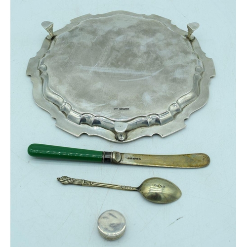 2940 - A silver salver together with a small silver pot and two plated items .Silver 220g (4).