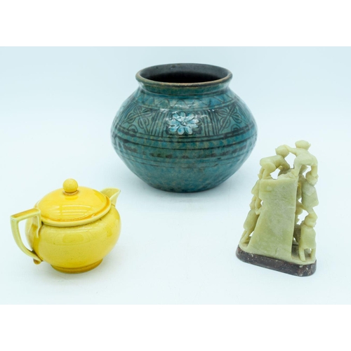 2958 - A  Chinese Soapstone carving of climbing monkeys ,  Arts and crafts pottery vase and a Wedgwood  tea... 