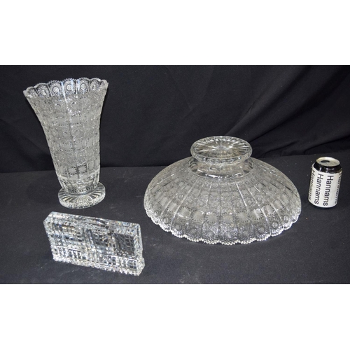 2978 - A huge cut glass centre bowl together with a vase and a dish/ashtray 40 x 17 cm.