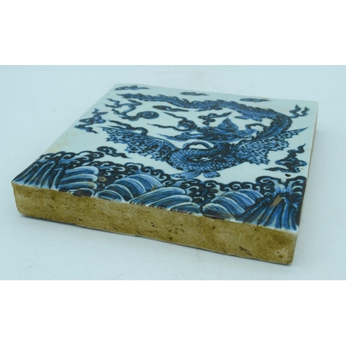 2982 - A Chinese blue and white temple tile decorated with a dragon 20 x 20cm.