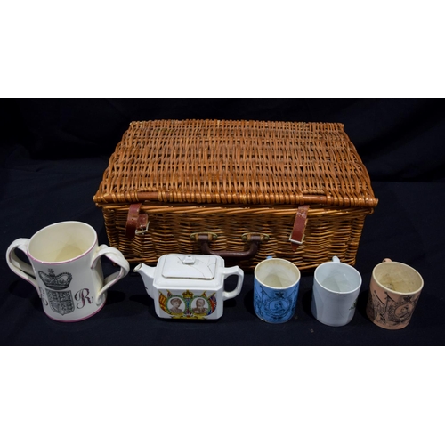 2938 - A collection of Royal family related porcelain together with a vintage picnic basket  (Qty).