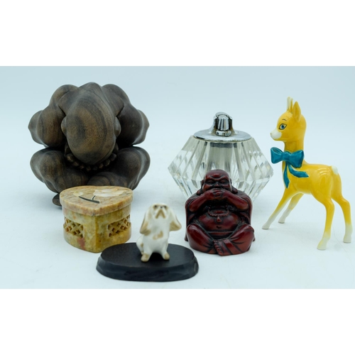 2952 - Miscellaneous collection glass lighter, hard stone box, wooden figure etc (7) largest 10cm