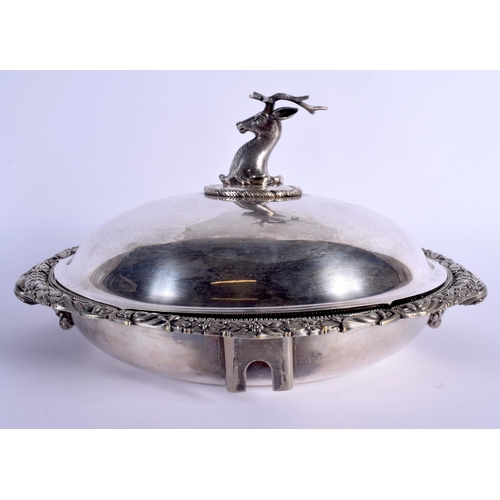 787 - A RARE LARGE ANTIQUE SILVER PLATED TWIN HANDLED SERVING BOWL AND COVER with stag finial. 30 cm wide.