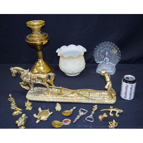 2967 - A collection of brass items including a horse and plough, oil lamp and a glass peacock etc. 46cm Qty