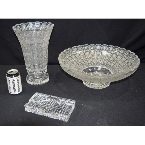 2978 - A huge cut glass centre bowl together with a vase and a dish/ashtray 40 x 17 cm.