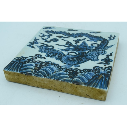 2982 - A Chinese blue and white temple tile decorated with a dragon 20 x 20cm.