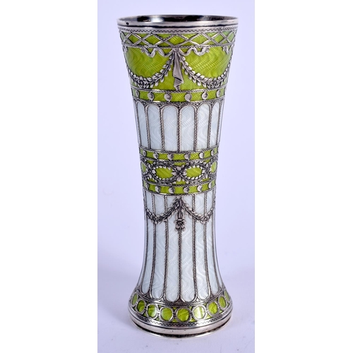 880 - AN ART NOUVEAU SILVER AND ENAMEL NEO CLASSICAL VASE. 145 grams. 13 cm high.