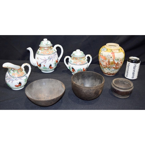 3000 - Collection of Oriental wares, Japanese Coffee pot, metal bowls, Ginger jar Qty.