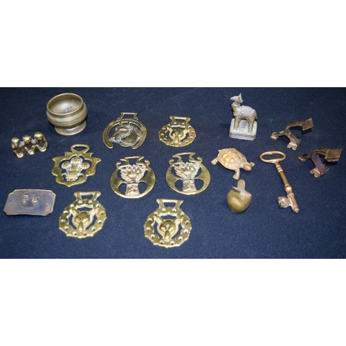 3001 - Collection of Brass items including Star trek belt buckle, key, Chinese horse Etc Qty.